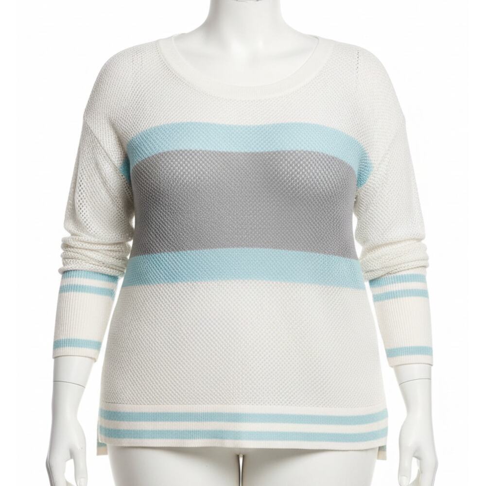 Torrid Sweater Plus 3X White Blue Gray Striped Lightweight Pullover Knit Top